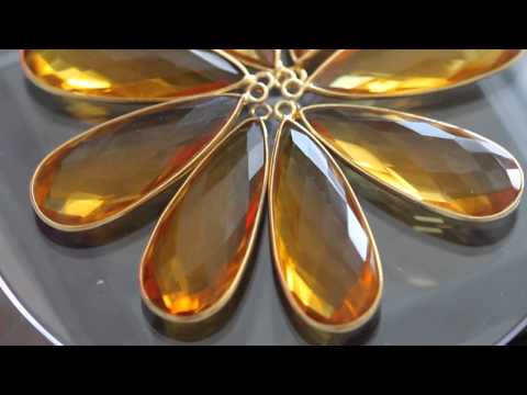 Citrine Yellow Quartz Faceted Long Pear Bezel Gemstone Vermeil Pendant, 34 x 13 mm