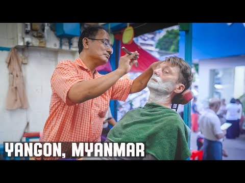 💈 Wet Shave At Colorful Local Neighborhood Street Barber Shop | Yangon Myanmar
