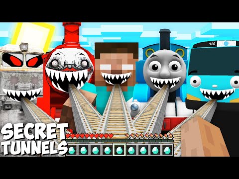 new SECRET TUNNELS of CHOO CHOO CHARLES & THOMAS & TAYO & SCARY METRO TRAIN HEROBRINE in Minecraft !