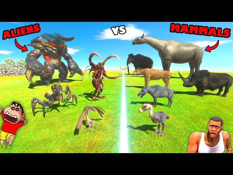 ALIENS TEAM vs PREHISTORIC MAMMALS TEAM in Animal Revolt Battle Simulator with SHINCHAN and CHOP