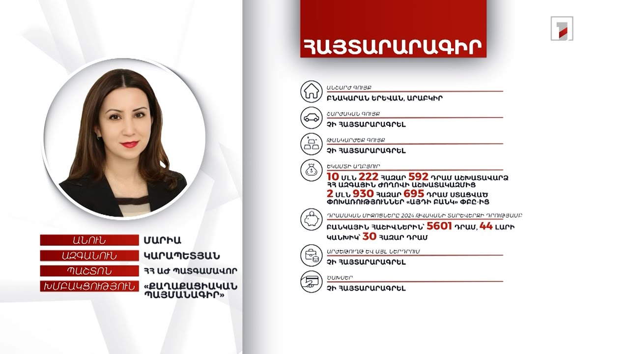 Բնակարան, 35 հազար դրամ. ՀՀ ԱԺ պատգամավոր Մարիա Կարապետյանի հայտարարագիրը