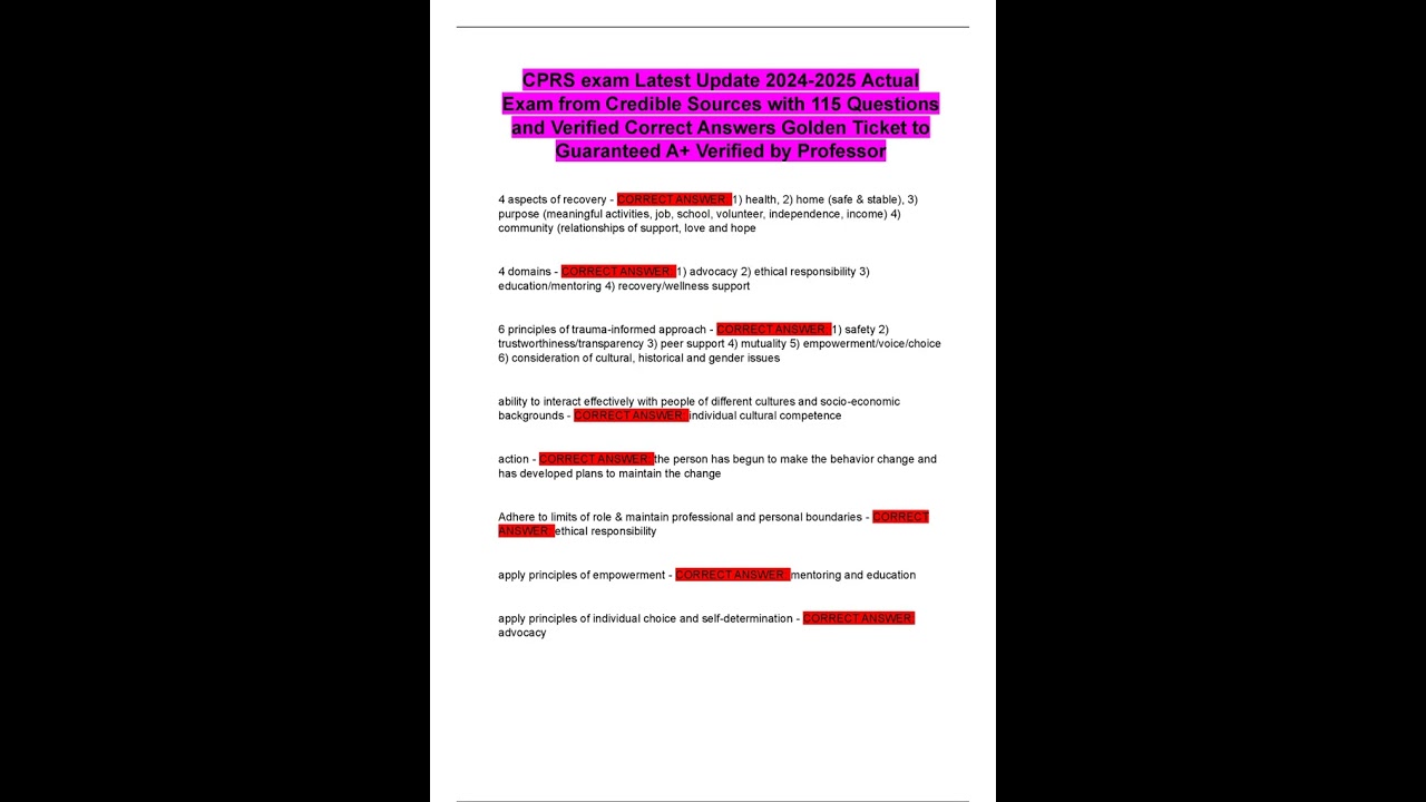 CPRS exam Latest Update Actual Exam from Credible Sources with 115 Questions and Verified Correct An