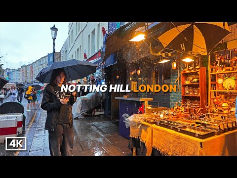 London Walk in the Rain ☔️ Colorful Houses in Notting Hill + Portobello Market on a Wet Weekend | 4K