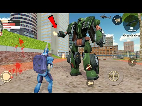 Rope Hero: Vice Town (Rope Hero Fight Green BumbleBee) Fire Robot Car vs Freezer Man - Gameplay HD