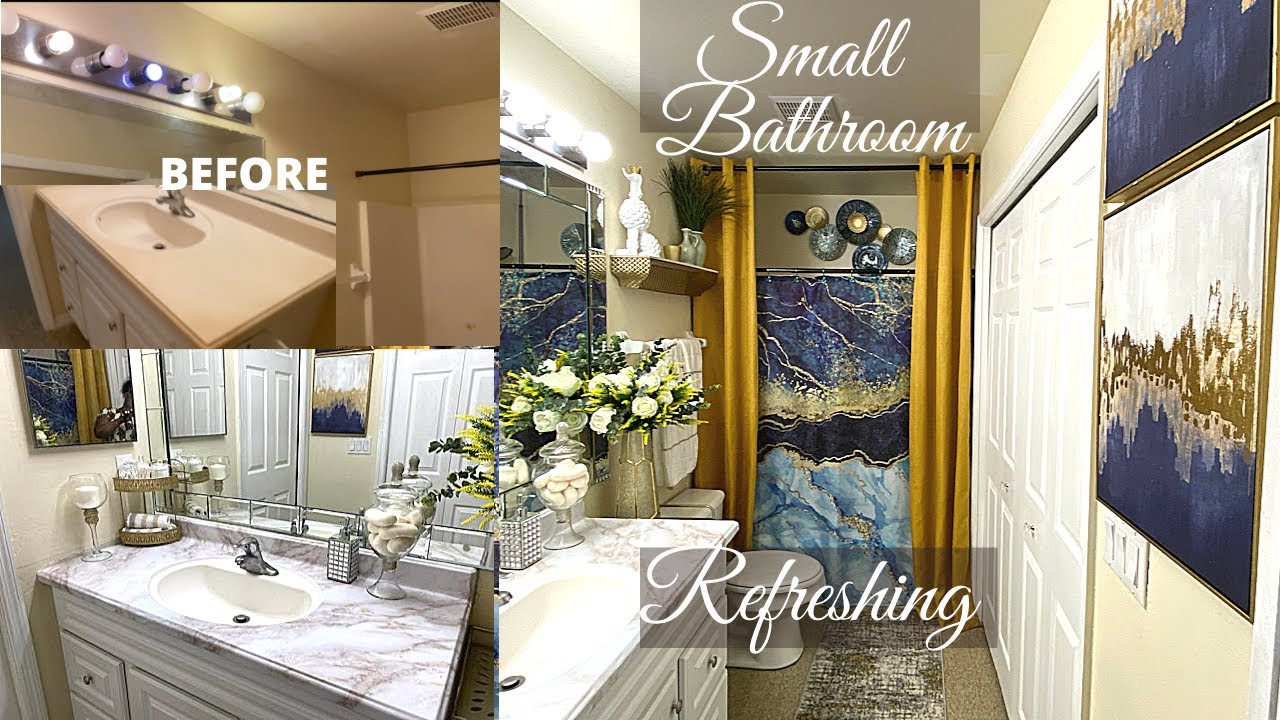 New✨Small Bathroom Decor Idea | Blue & Gold | Best Renter Friendly Bathroom Decor | SUMMER 2022