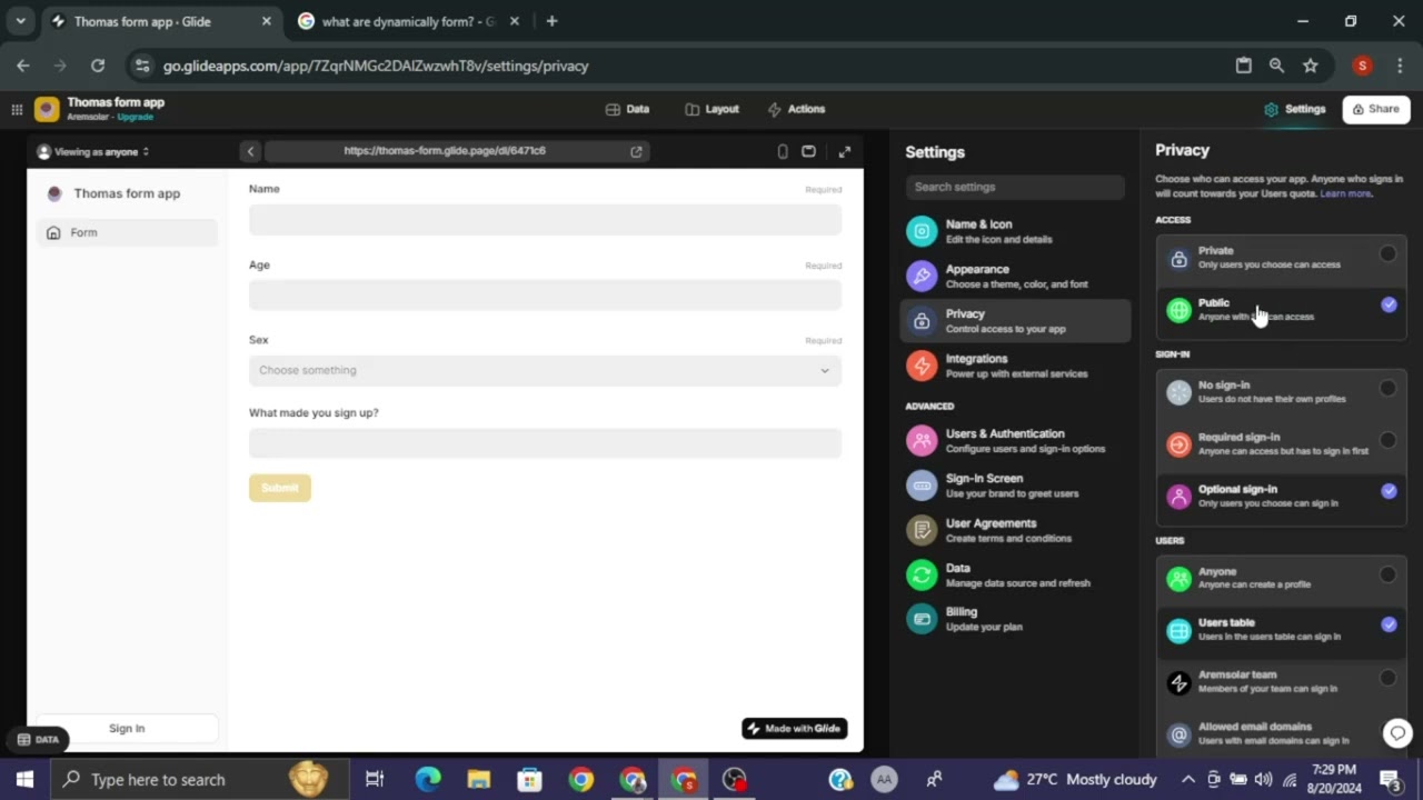 Creating public forms in glideapps