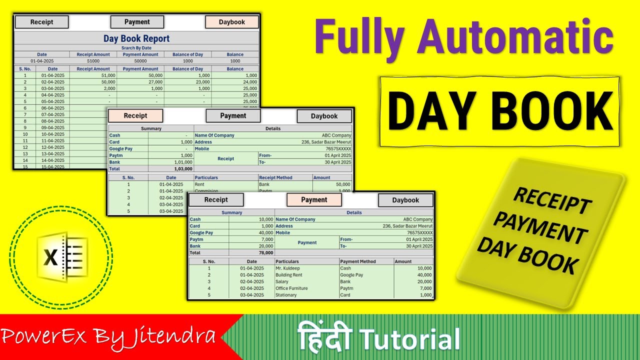 Day Book in Excel  | Automatic Receipt & Payment Summary (Date wise)