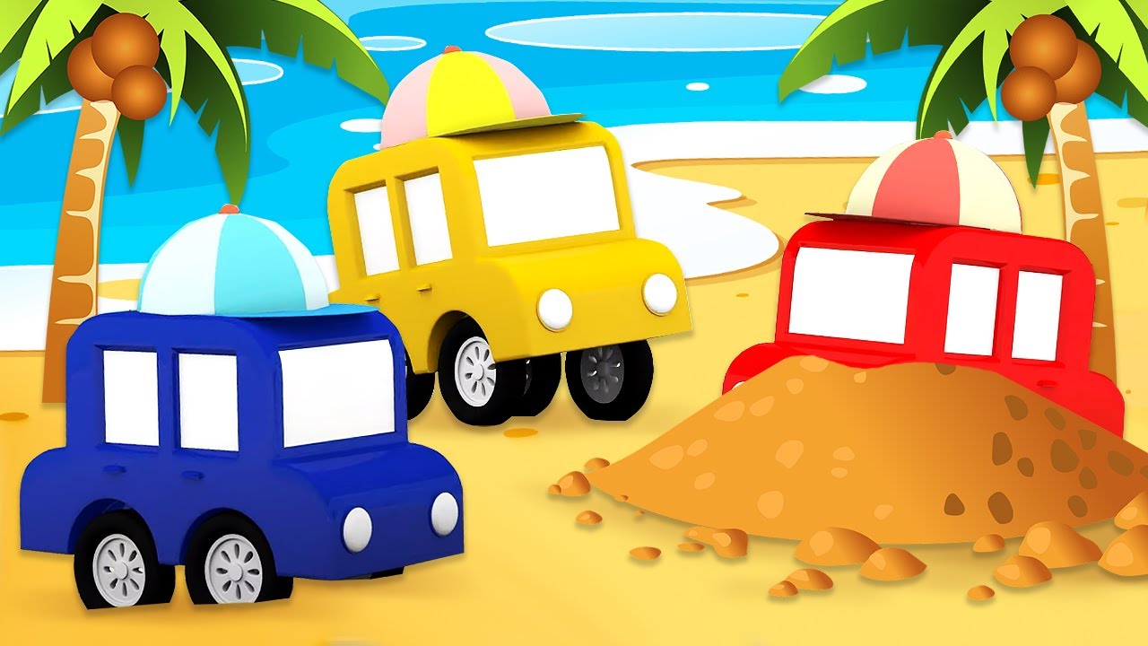 Os quatro carros coloridos vão para a praia! Desenho animado infantil. Desenhos animados