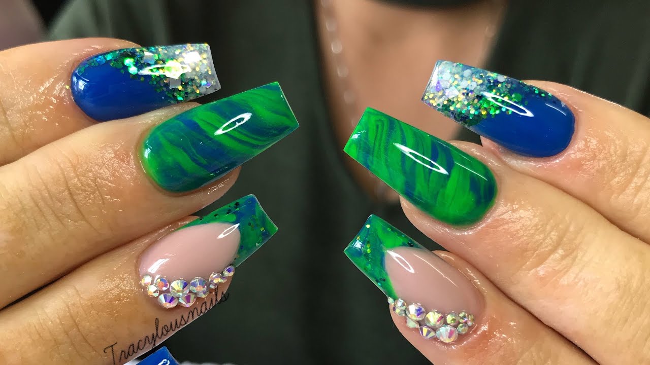 ACRYLIC NAIL TUTORIAL | GREEN & BLUE DESIGN