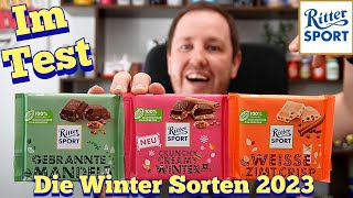 Ritter Sport: Winter Sorten 2023 (Chunchy Creamy Winter, Weisse Zimt Crisp & gebrannte Mandel) Test