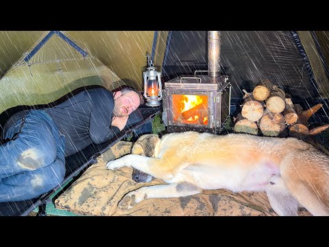 Hot Tent Rain Camping in Heavy Rain All Day! - Caught in Rain With My Dog!