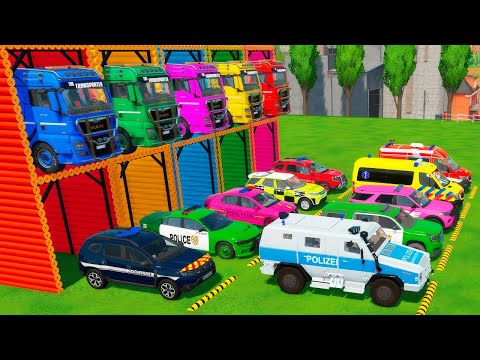 TRANSPORTING ALL POLICE CARS and AMBULANCE EMERGENCY VEHICLES WITH MERCEDES POLICE TRUCKS! | FS22