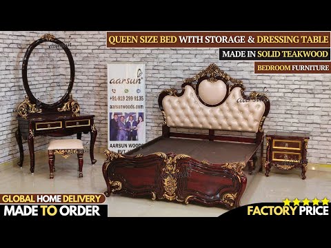 YT1022 Elegant Queen Size Beds with Stunning Dressing Tables in Solid Teakwood | Factory Price Video