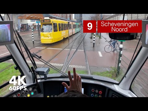 Drizzly ride to Scheveningen | 🚊 HTM Line 9 | 4K Tram Cabview | 🇳🇱 The Hague | Siemens Avenio