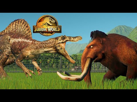 SPINOSAURUS REX VS WOOLLY MAMMOTH ELEPHANT DINOSAUR BATTLE VS SABERTOOTH |JURASSIC WORLD EVOLUTION 2