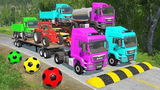 Flatbed Trailer McQueen Transportation with Truck - Speedbumps vs Cars vs Train - BeamNG.Drive #40