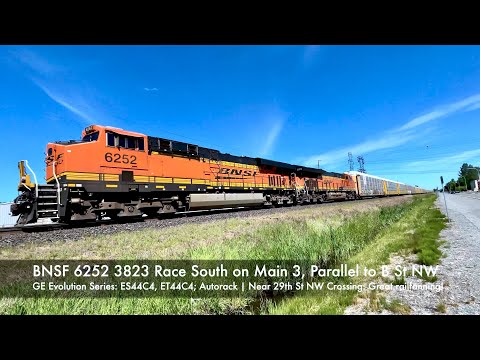 Seattle Trains: BNSF Autorack Unit w/ Distributed Power in Auburn, f. GE Evo Series ES44C4 ET44C4 4K