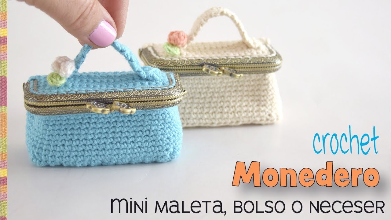 Monedero mini maleta, bolso o neceser con broche o boquilla tejido a crochet / Tejiendo Perú