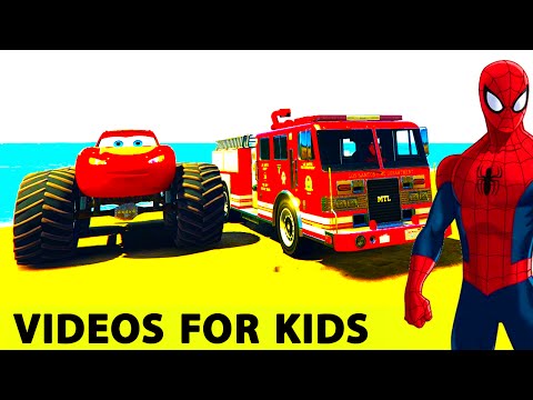 Fire Truck /w SPIDERMAN CARTOON & Lightning McQueen For Kids Cars and CHILDREN Nursery Rhymes Songs Video