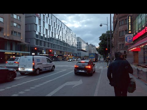 Evening walk in Stockholm - Vasagatan, Torsgatan, Norra tornen (Street sounds, 4K 60fps)
