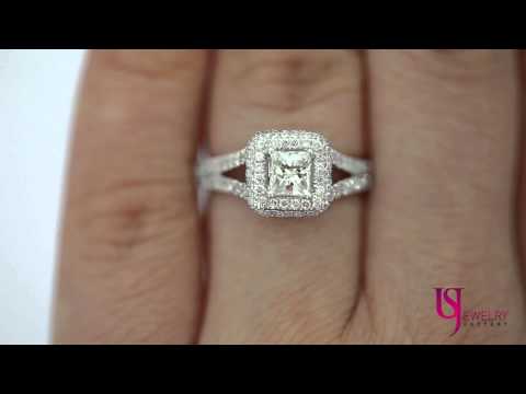 1.08ct Princess Cut Halo Set Diamond Engagement Ring 18k White Gold Split Band