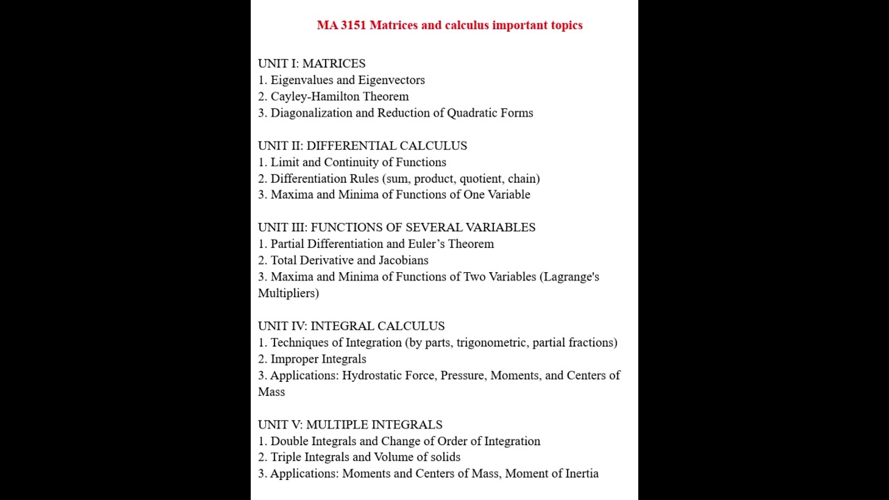 MA 3151 matrices and calculus important topics #annauniversity #maths