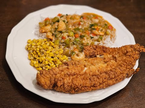 Cajun Shrimp Étouffée with Fried Catfish, Fried Corn & Homemade Cornbread | Southern Comfort Food