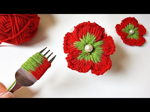 Super Easy Woolen Craft Ideas with Fork - DIY Woolen Flowers - Hand Embroidery Amazing Trick