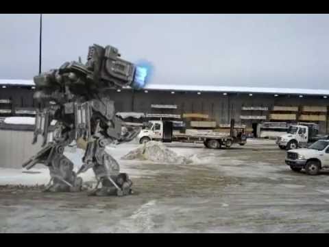 Mech destroys lumberyard