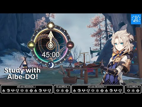 Albedo [GENSHIN IMPACT] themed (2 hr 45/15) Pomodoro study📚 timer⏰ with LoFi music🎵 & fire sound🔥