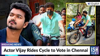 Actor Vijay Rides Cycle to Vote in Chennai