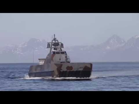 Norwegian Navy Skjold-class Corvette Fires NSM against Coastal Land Target
