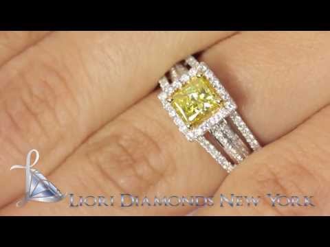 FD-179 - 1.36 Carat Fancy Yellow Princess Cut Diamond Engagement Ring 14k Gold Pave Halo