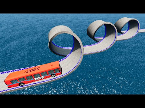 Impossible Triple Loop Bridge Crossing Cars Vs Deep Water - BeamNG.Drive