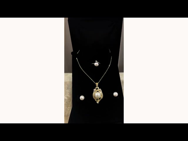 طقم فضة 925 ولؤلؤ طبيعي زراعي مطلي ذهب فاخر لامعة