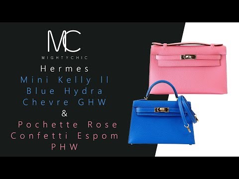 • MIGHTYCHIC • Hermes Mini Kelly ll Blue Hydra Chevre GHW Hermes Pochette Rose Confetti Espom PHW