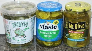 Grillo’s Pickles Dill Chips, Vlasic Sandwich Dill Chips & Mt. Olive Hamburger Dill Chips Comparison