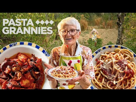 92 year old Gina makes extra long fusilli pasta with stuffed aubergines! | Pasta Grannies