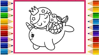 Cute Mermaid and Narwhal Fun Coloring Page for kids. Painting & Drawing For Toddlers #art #relaxing