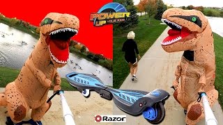 Dinosaur Suit Prank  T Rex Rides Electric Skateboard Razor RipStik