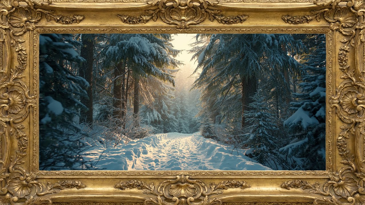 Snowy Forest Path Winter Landscape Gold Frame TV Art Screensaver | 2 Hours 4K — 4K ambient art screensaver in baroque gold frame