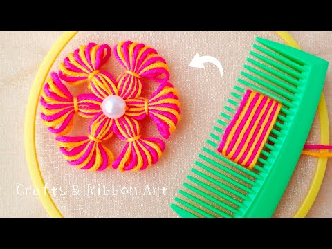 Superb Woolen Flower Making Trick Using Hair Comb - Beautiful Flower Making Idea - Hand Embroidery
