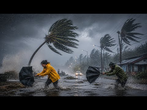 Extreme Rain & Violent Wind During TYPHOON | Flooded Village Rain Walk for Sleeping