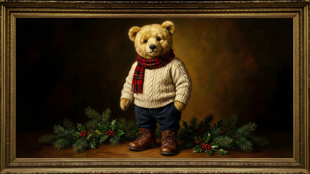 Old Money Christmas Teddy Bear Gold Frame TV Art Screensaver | 2 Hours 4K — 4K ambient art screensaver in baroque gold frame