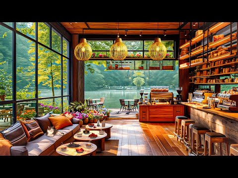 Happy Morning ~ Lakeside Coffee Shop Ambience ☕ Smooth Jazz Instrumental Music to Relax, Study, Work