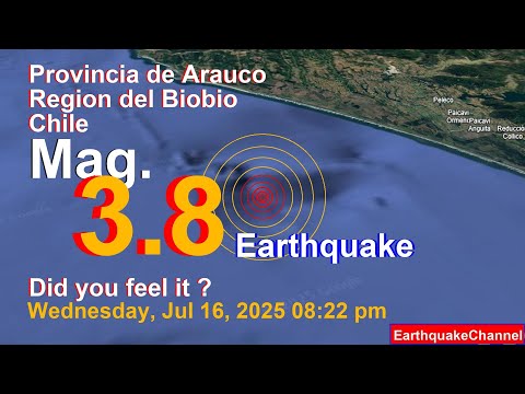 South Pacific Ocean, 41 km South of Lebu, Arauco, Region del Biobio, Chile Earthquake today now