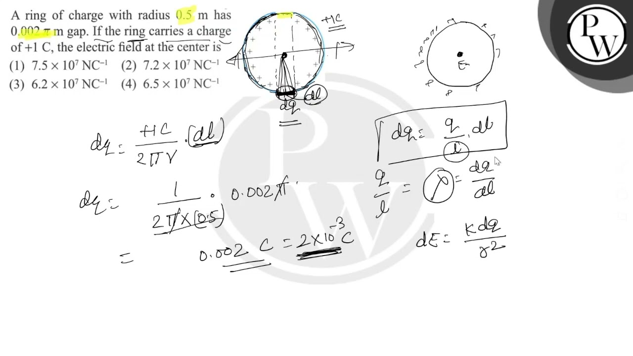 A ring of charge with radius \( 0.5 \mathrm{~m} \) has \( 0.002 \pi \mathrm{m} \) gap. If the ri...