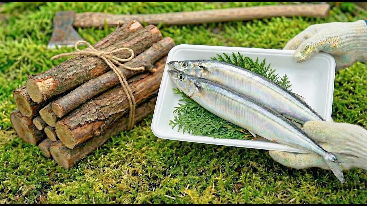 木から炭作ってサンマ焼く
