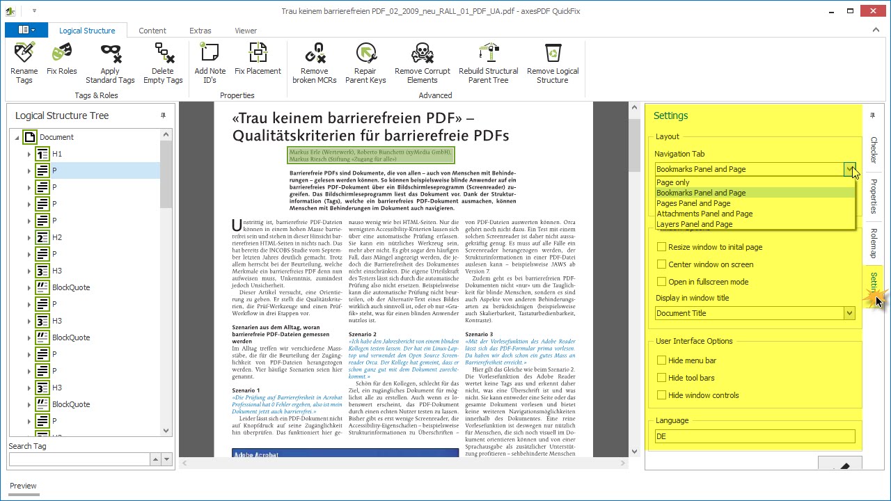 axesPDF QuickFix - Tab: Settings