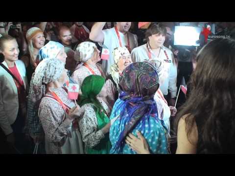 Buranovskiye Babushki Russia meet the hosts presenters on the red carpet at the Eurovision 2012 Opening Reception in Baku